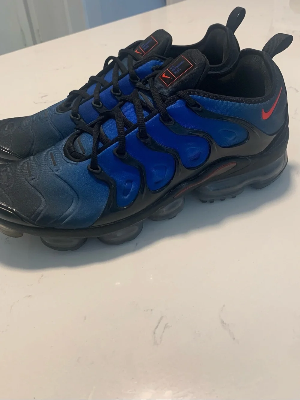 Nike VaporMax Plus in Blue and Black with Red Swoosh